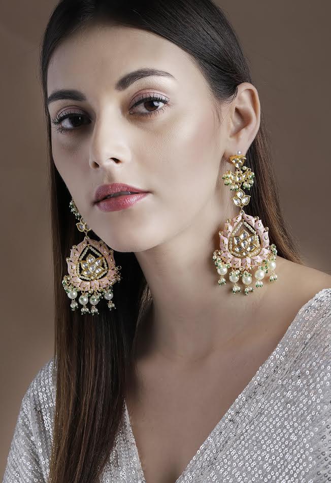 Rubans 22K Gold Plated Handcrafted Pink Enamel with Pearl Drop Earrings