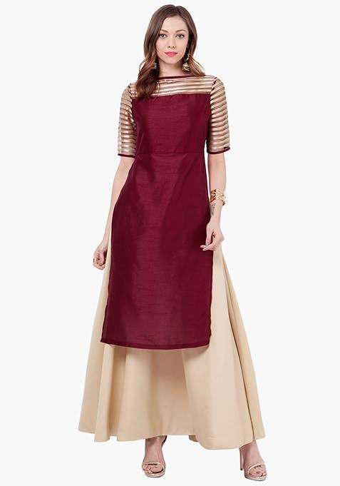 STRIPE MESH TUNIC – OXBLOOD I INR 1300