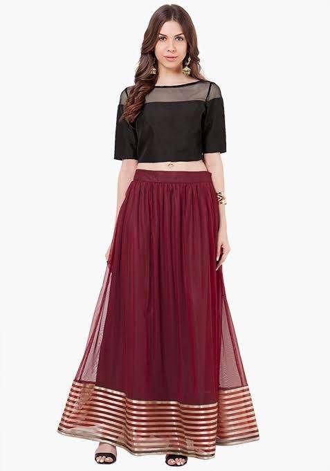 STRIPED MESH MAXI SKIRT - OXBLOODI INR1600