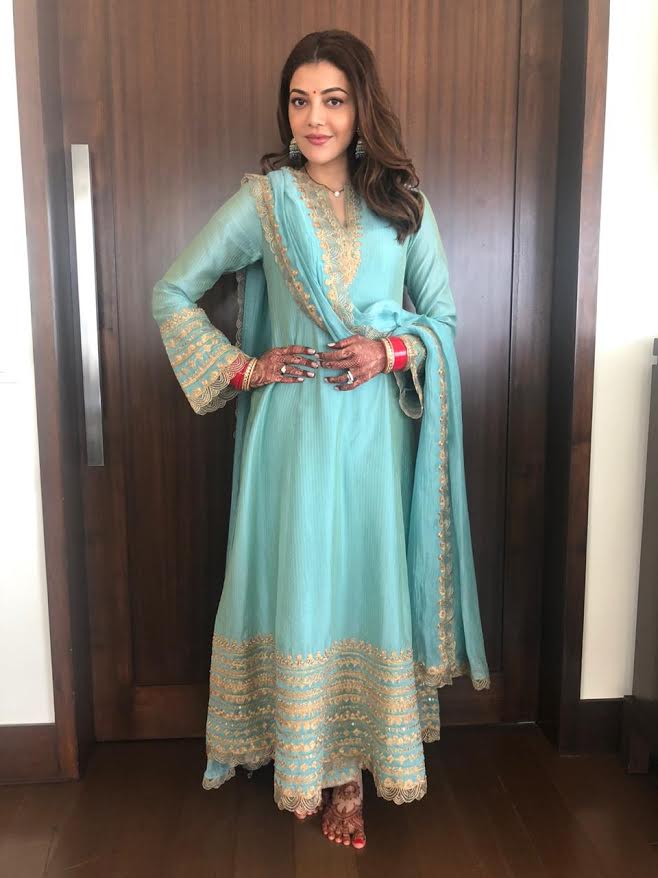 Kajal Aggarwal spotted wearing designer Rimple & Harpreet Narula for her Grihapravesh Puja!